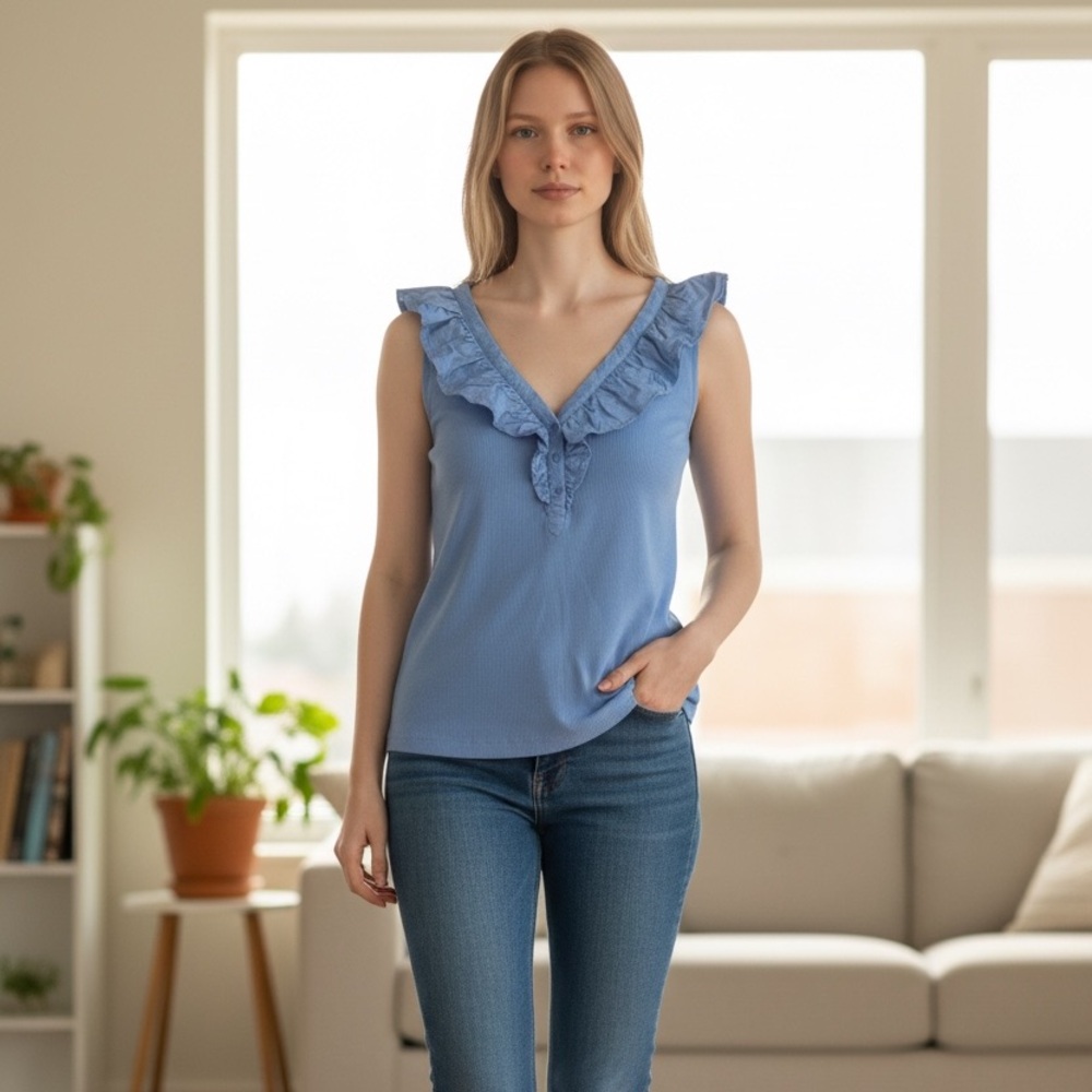 LOFT Light Blue periwinkle Ruffle V-Neck Sleeveless Top